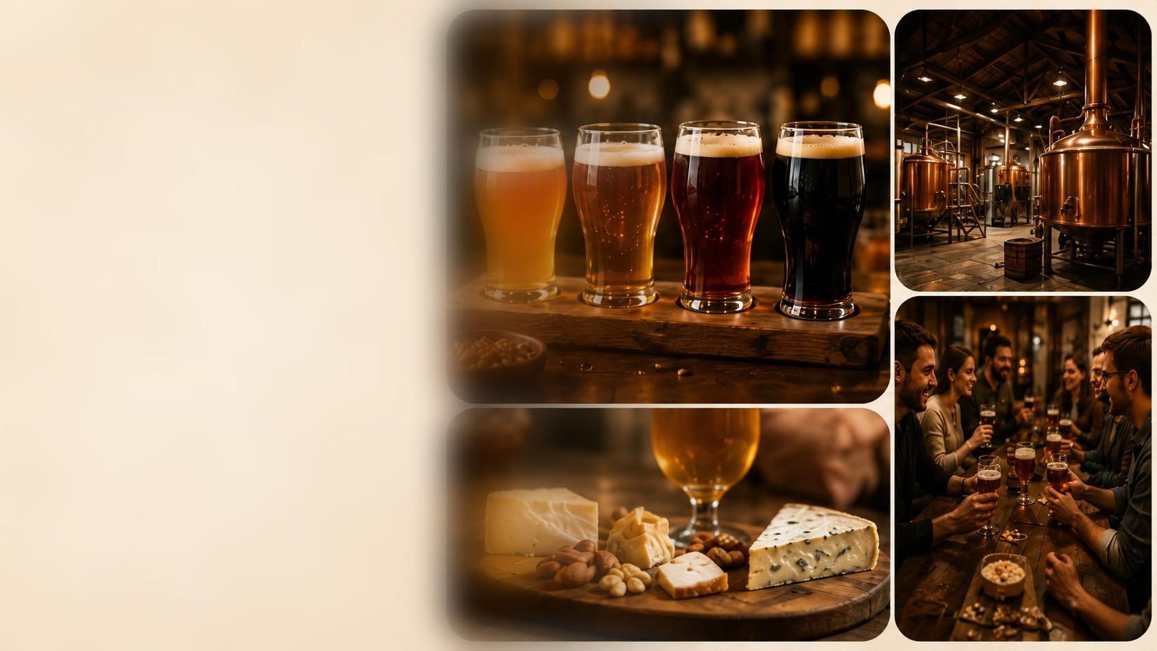 Tast de quatre cerveses artesanes, sala de cocció de coure i taula d'amics brindant