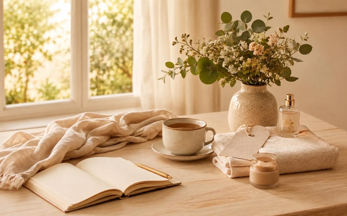 Mesa de madera junto a una ventana con una libreta abierta, una taza de té, un frasco de perfume, una vela, toallas dobladas y un jarrón con flores