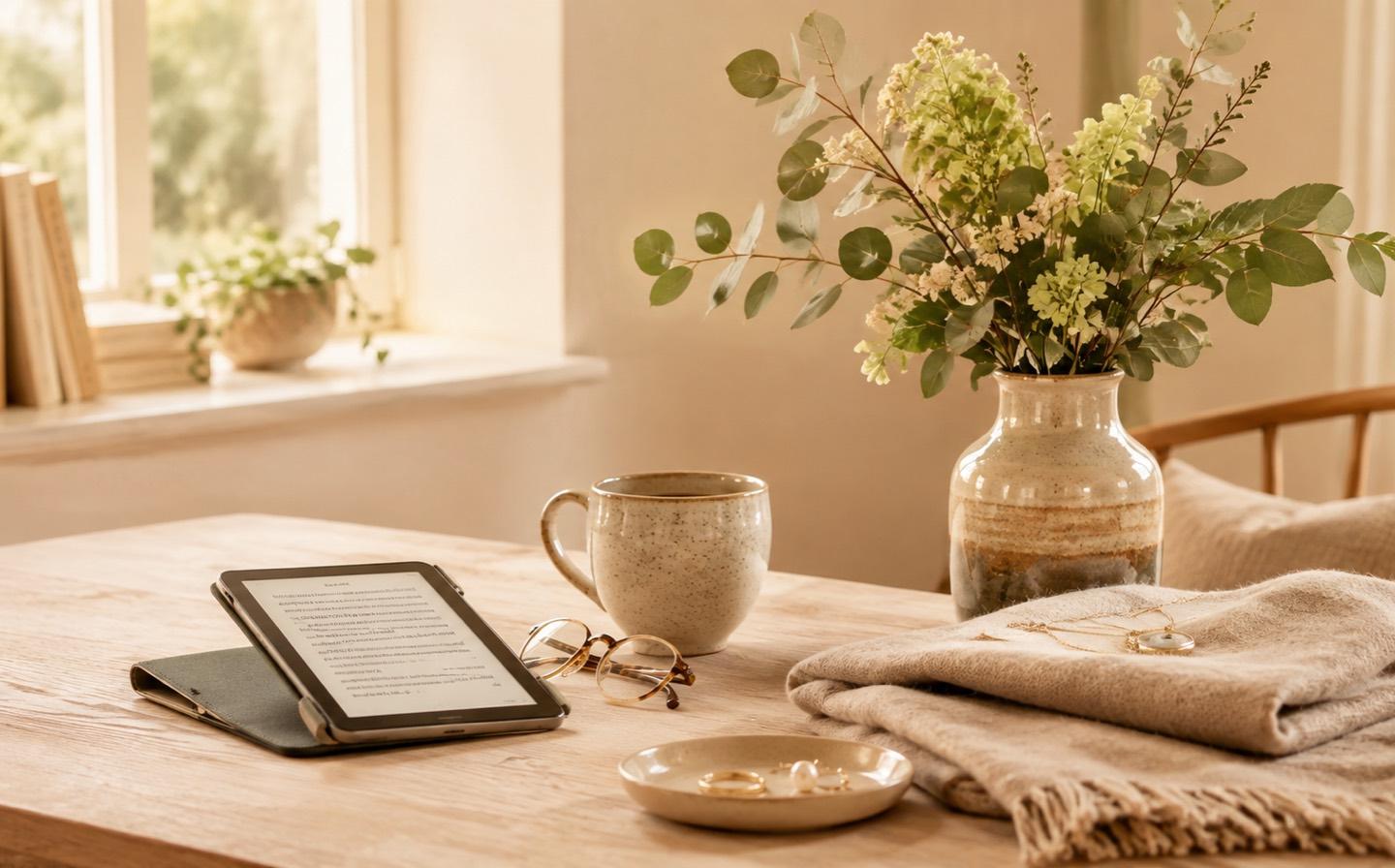 Mesa de madera con un lector de libros electrónico, gafas, una taza de cerámica, un platito con anillos, una manta doblada y un jarrón con flores