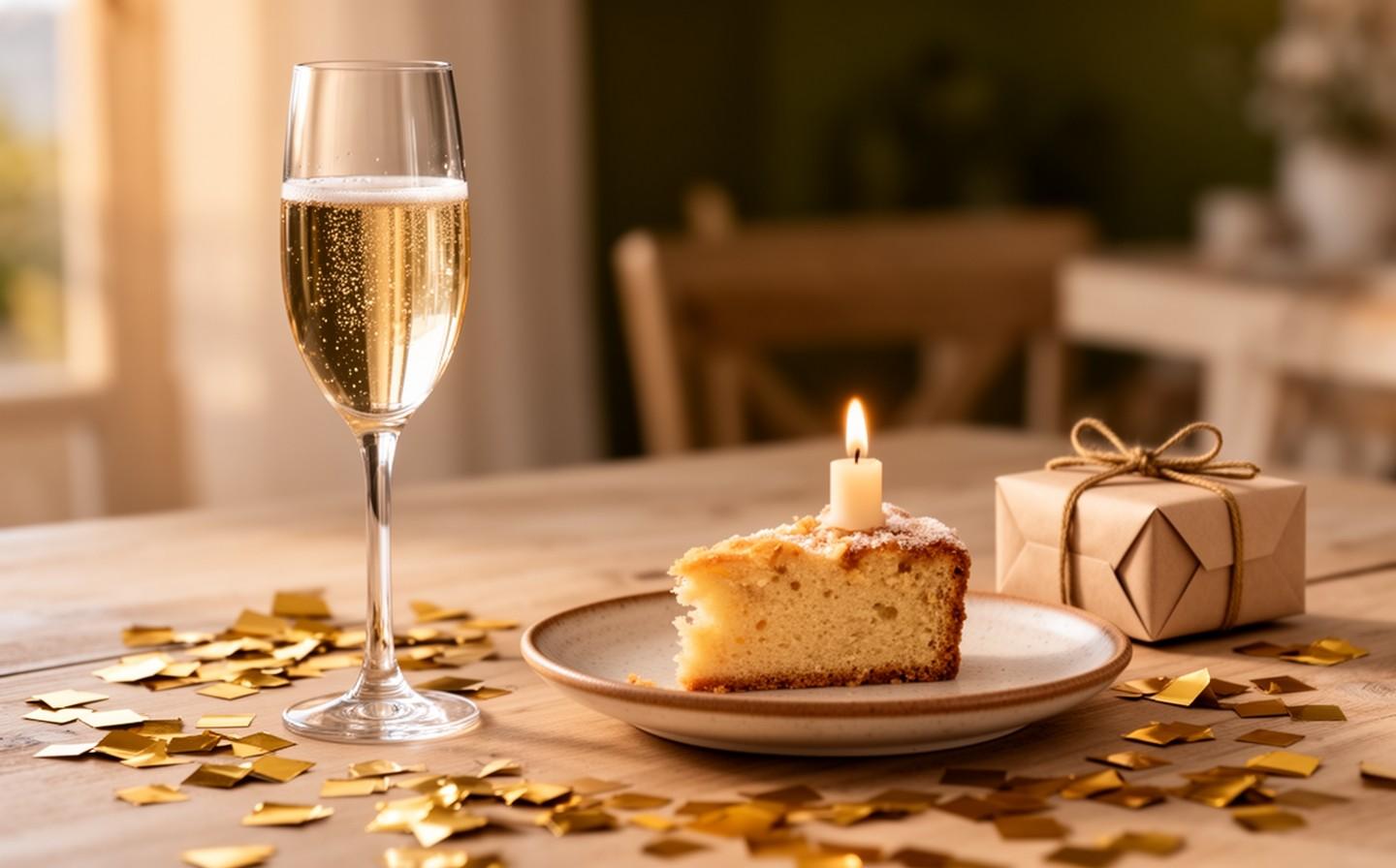 Copa de cava, un tros de pastís amb una espelma encesa i un regal embolicat sobre una taula amb confeti daurat