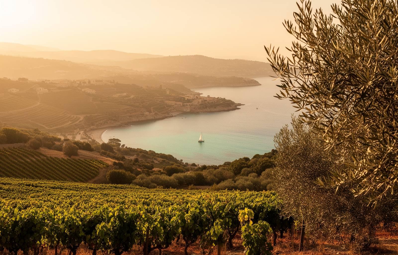 Vinyes del Penedès baixant cap a una cala de la Costa Brava a l'hora daurada