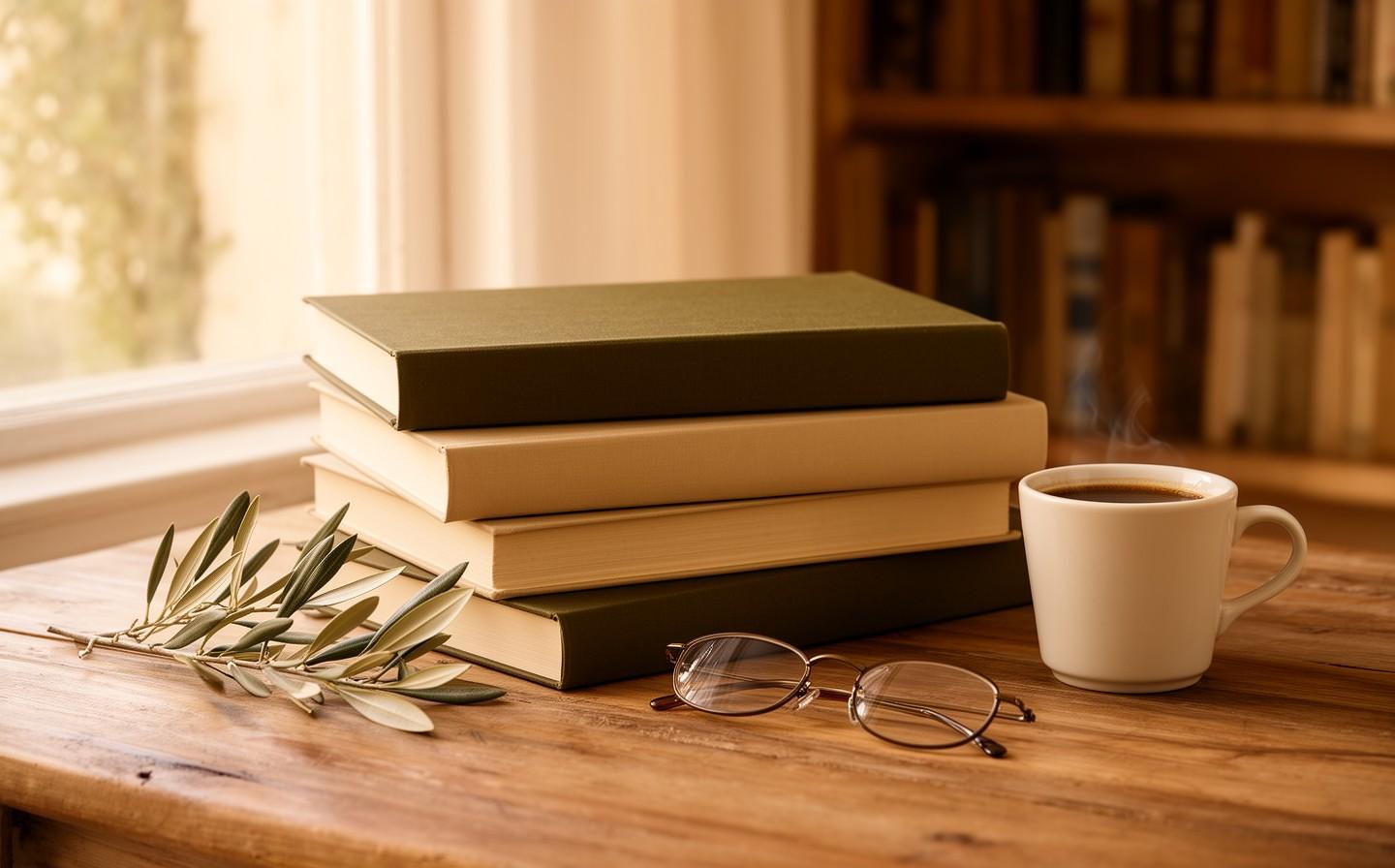 Pila de llibres sobre una taula de fusta vora una finestra, amb una tassa de cafè i unes ulleres de llegir