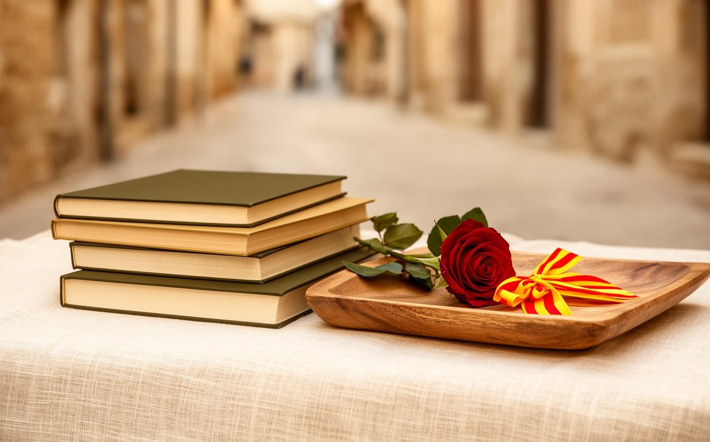 Llibres apilats amb una rosa vermella amb llaç de la senyera sobre una safata de fusta