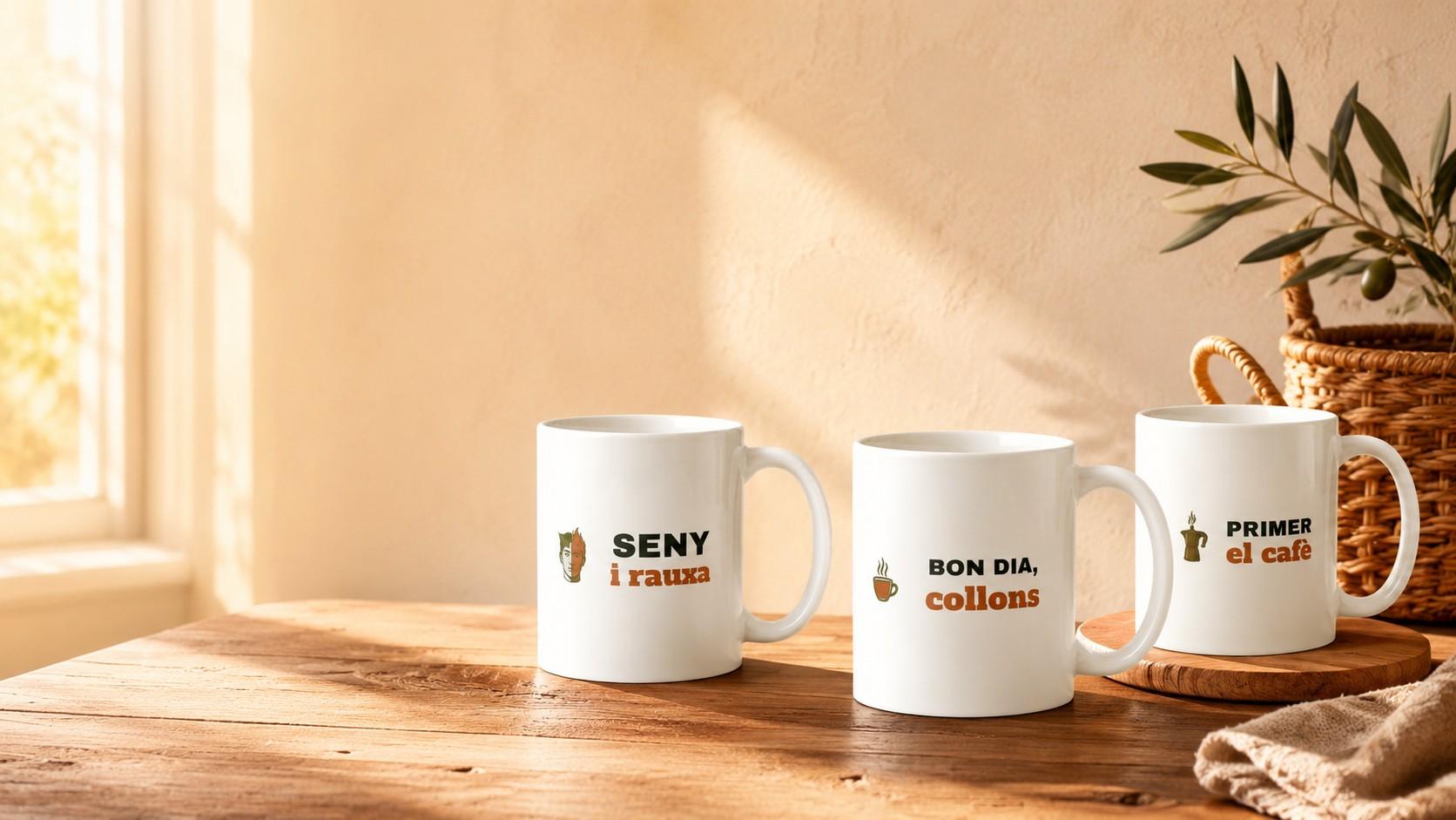 Tres tasses de ceràmica blanca amb els dissenys «Seny i rauxa», «Bon dia, collons» i «Primer el cafè» sobre una taula de fusta